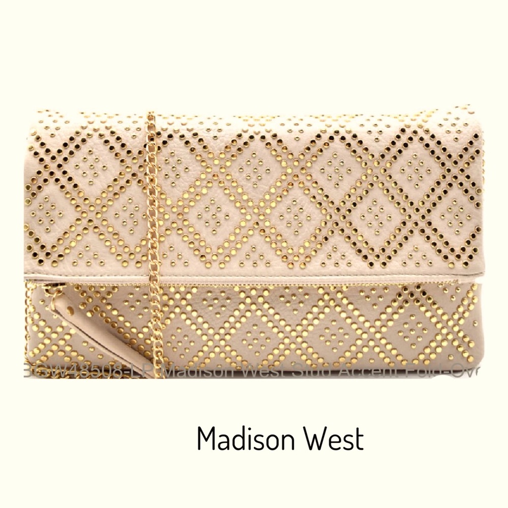 Madison West Studded Fold-Over Clutch/Crossbody